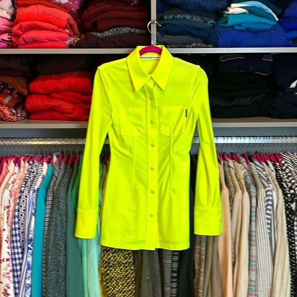 Alexander Wang fluorescent yellow long sleeve button down 87%nylon shirt size 2​ - Picture 1 of 4